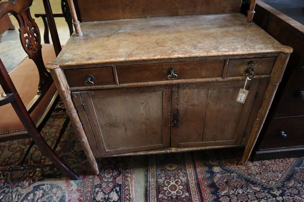 A Regency pine chiffonier with simulated bamboo legs, width 91cm depth 48cm height 128cm